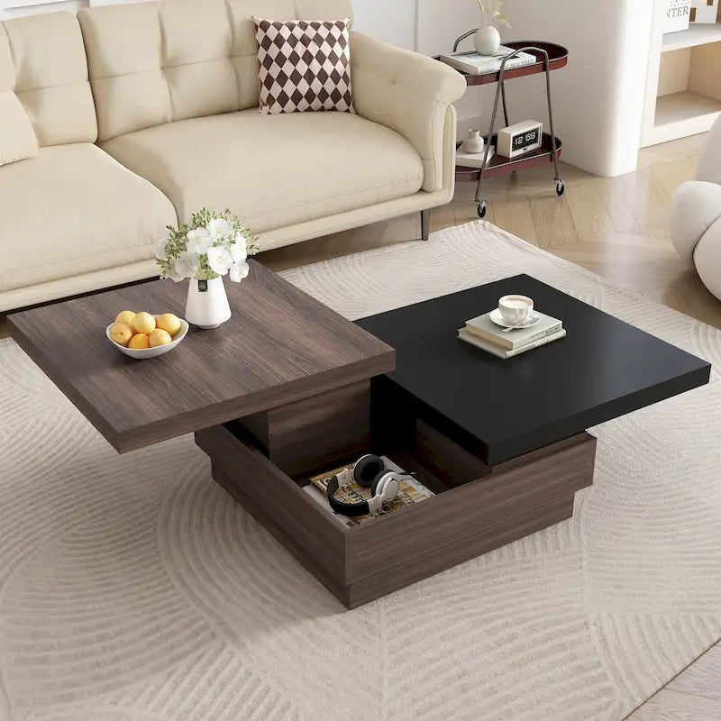 Tavolino da salotto con piano girevole, moderno tavolino quadrato con venature effetto legno