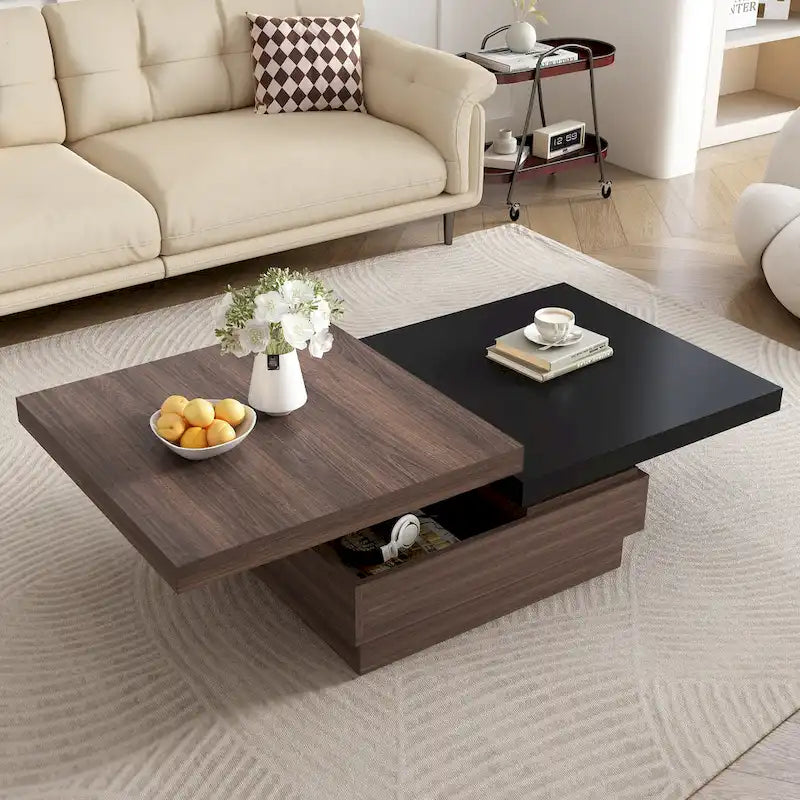 Obrotowy stolik kawowy, nowoczesny kwadratowy stolik kawowy z wzorem słojów drewna