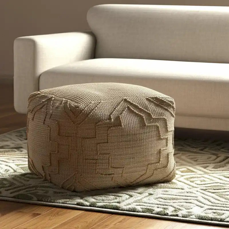 Natural Jute Blend Cube Quatrefoil Pouf Ottoman