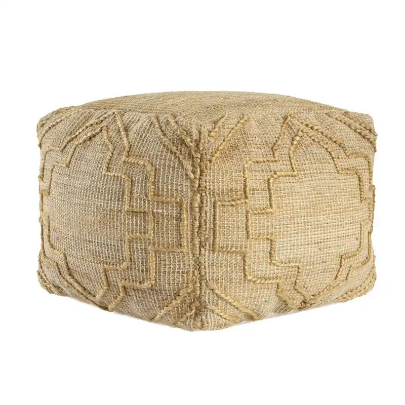 Natural Jute Blend Cube Quatrefoil Pouf Ottoman
