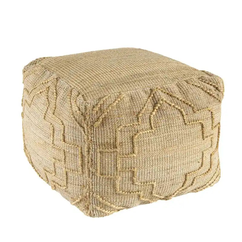 Natural Jute Blend Cube Quatrefoil Pouf Ottoman