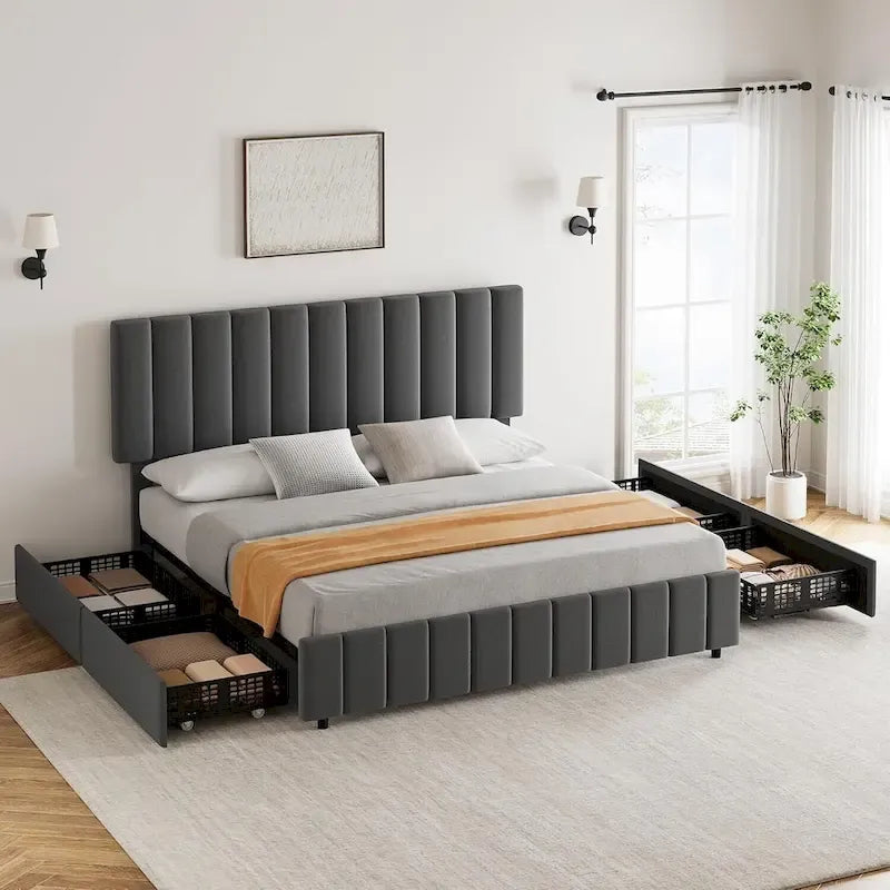 Bed Frame with 4 Storage Drawers and Adjustable Headboard