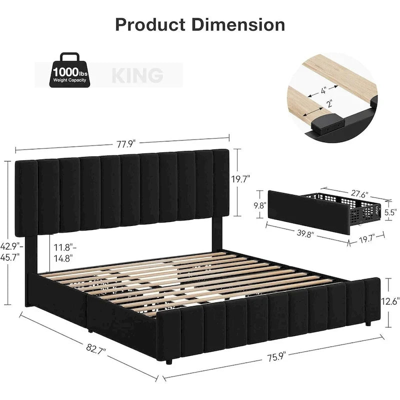 Bed Frame with 4 Storage Drawers and Adjustable Headboard