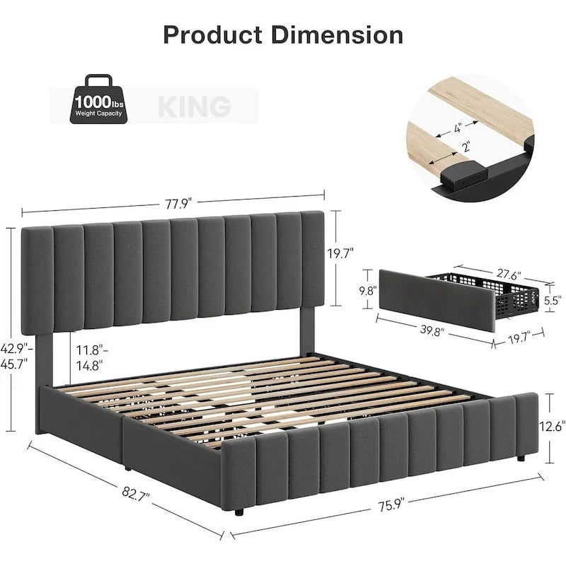 Bed Frame with 4 Storage Drawers and Adjustable Headboard