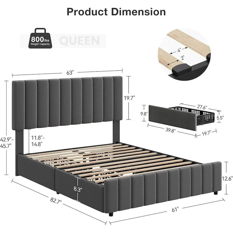 Bed Frame with 4 Storage Drawers and Adjustable Headboard