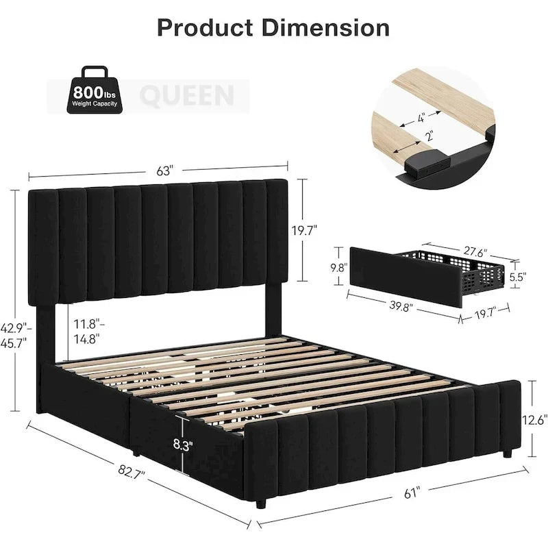 Bed Frame with 4 Storage Drawers and Adjustable Headboard