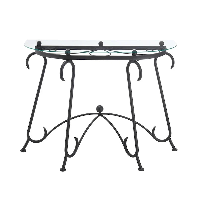 Consolle con piano in vetro temperato, tavolino da salotto dallo stile rustico con struttura in metallo