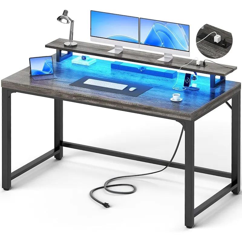Scrivania per computer con presa e luce LED, scrivania per ufficio domestico