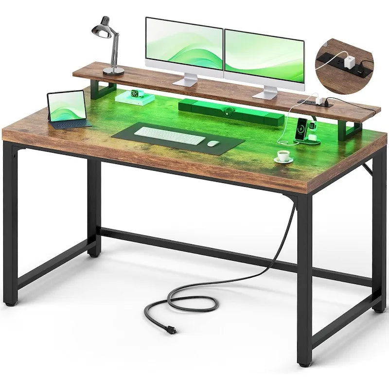 Scrivania per computer con presa e luce LED, scrivania per ufficio domestico