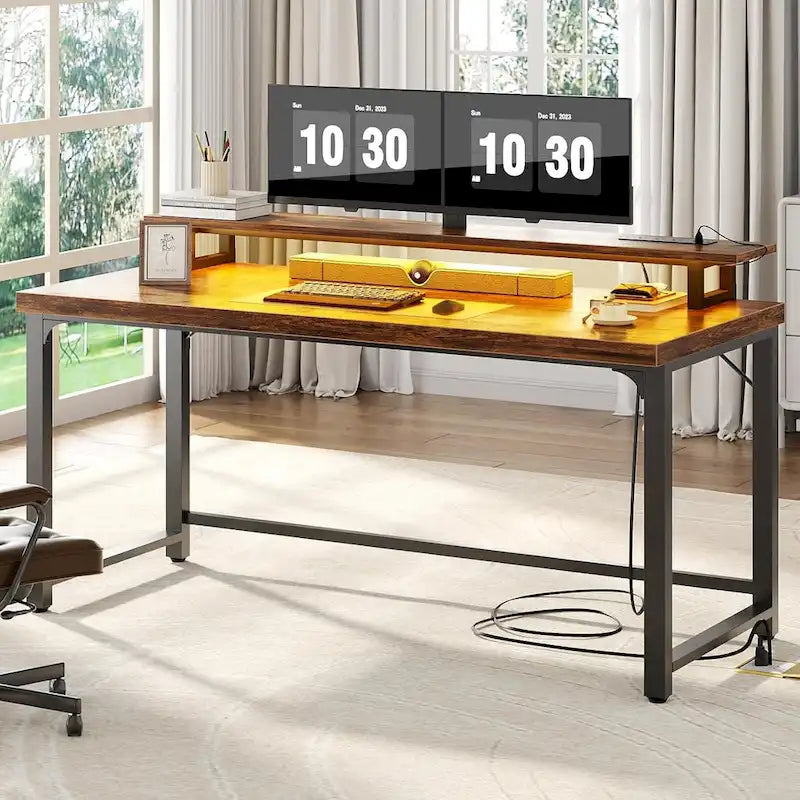 Scrivania per computer con presa e luce LED, scrivania per ufficio domestico