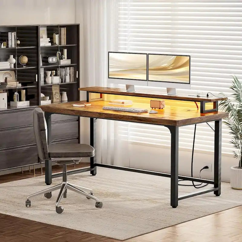 Scrivania per computer con presa e luce LED, scrivania per ufficio domestico