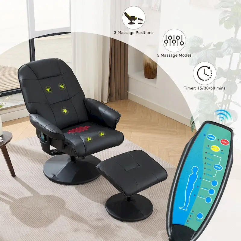 PU Leather 360 Swivel Massage Recliner Chair with Ottoman