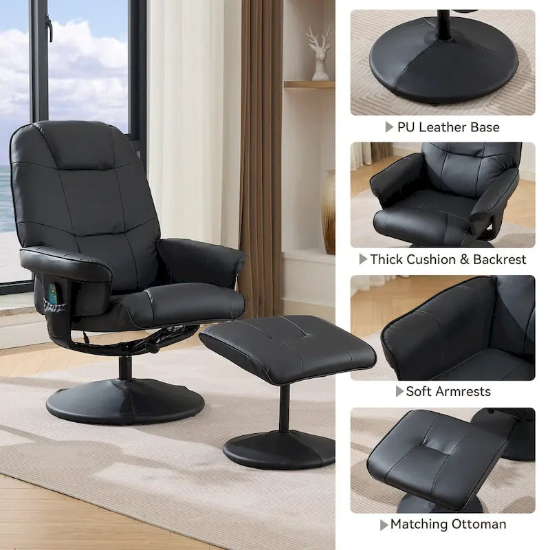 PU Leather 360 Swivel Massage Recliner Chair with Ottoman