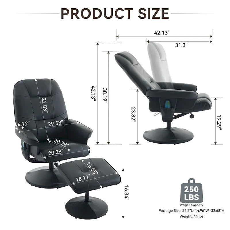 PU Leather 360 Swivel Massage Recliner Chair with Ottoman