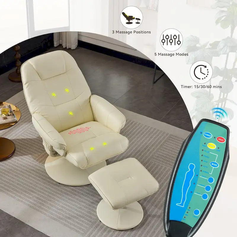 PU Leather 360 Swivel Massage Recliner Chair with Ottoman