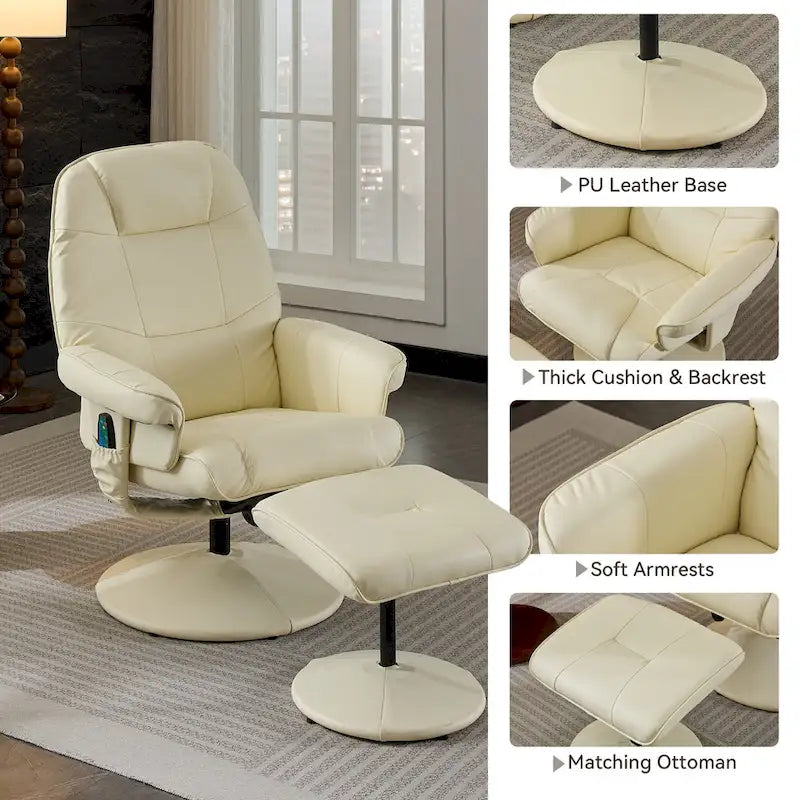 PU Leather 360 Swivel Massage Recliner Chair with Ottoman