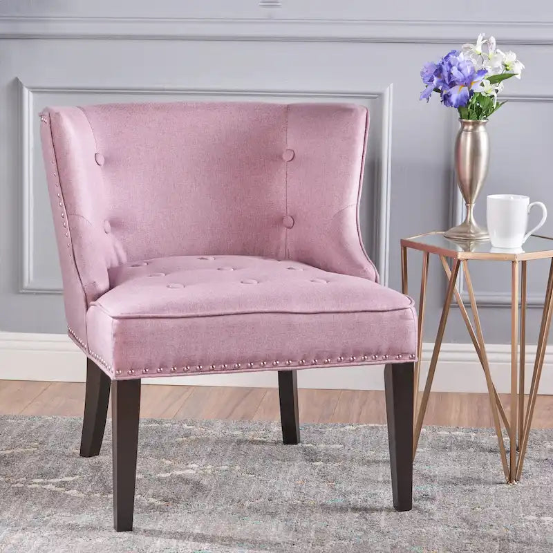 Poltrona decorativa moderna color viola lavanda, con impunture a waffle e bottoni