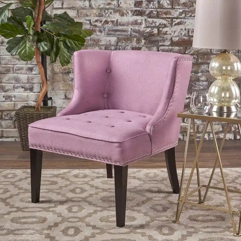 Poltrona decorativa moderna color viola lavanda, con impunture a waffle e bottoni