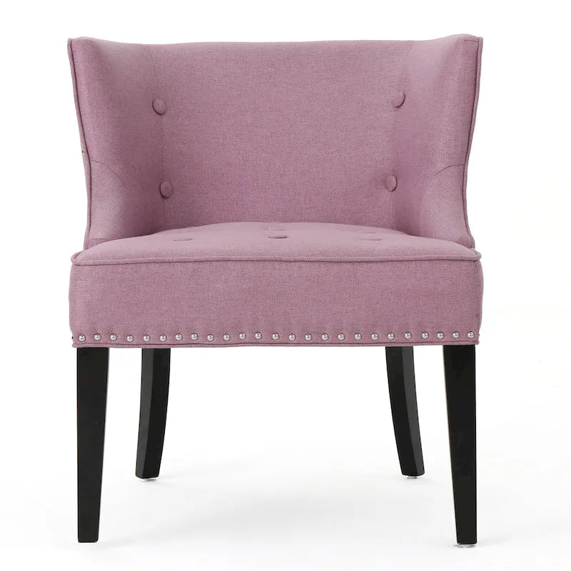 Poltrona decorativa moderna color viola lavanda, con impunture a waffle e bottoni