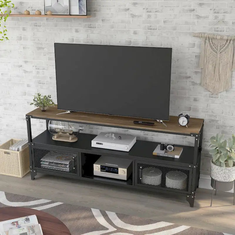 Consolle TV rustica nera e color noce scuro, in acciaio, da 70 pollici, con 2 ripiani