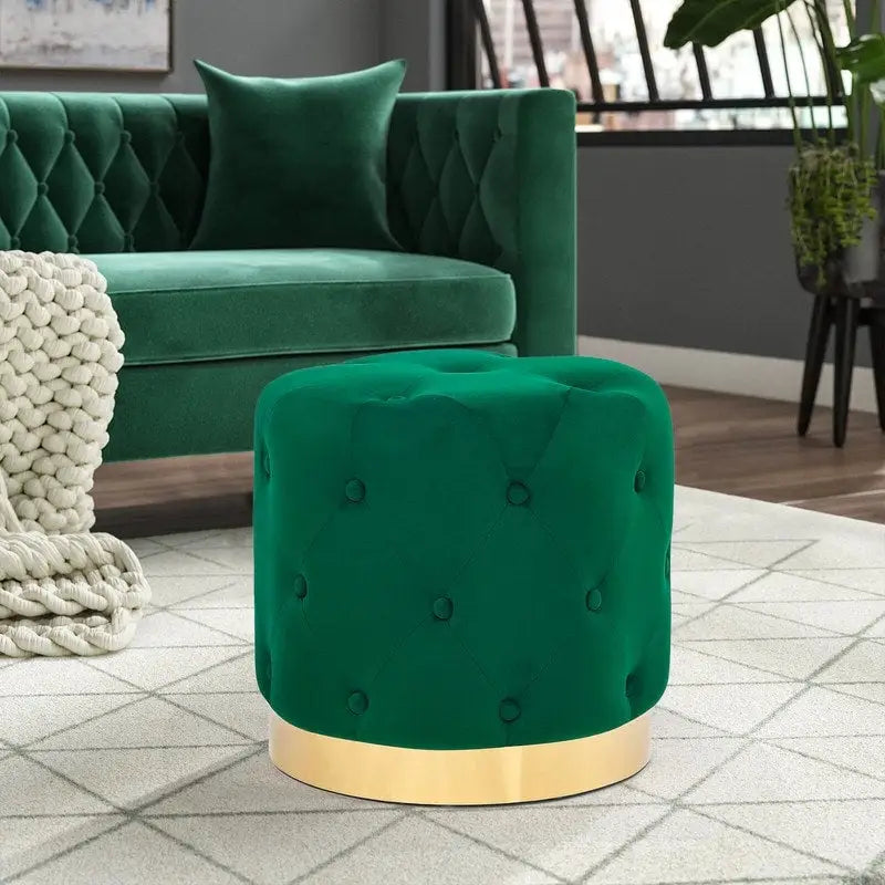 Pouf rotondo in velluto, poggiapiedi per toeletta con base placcata oro