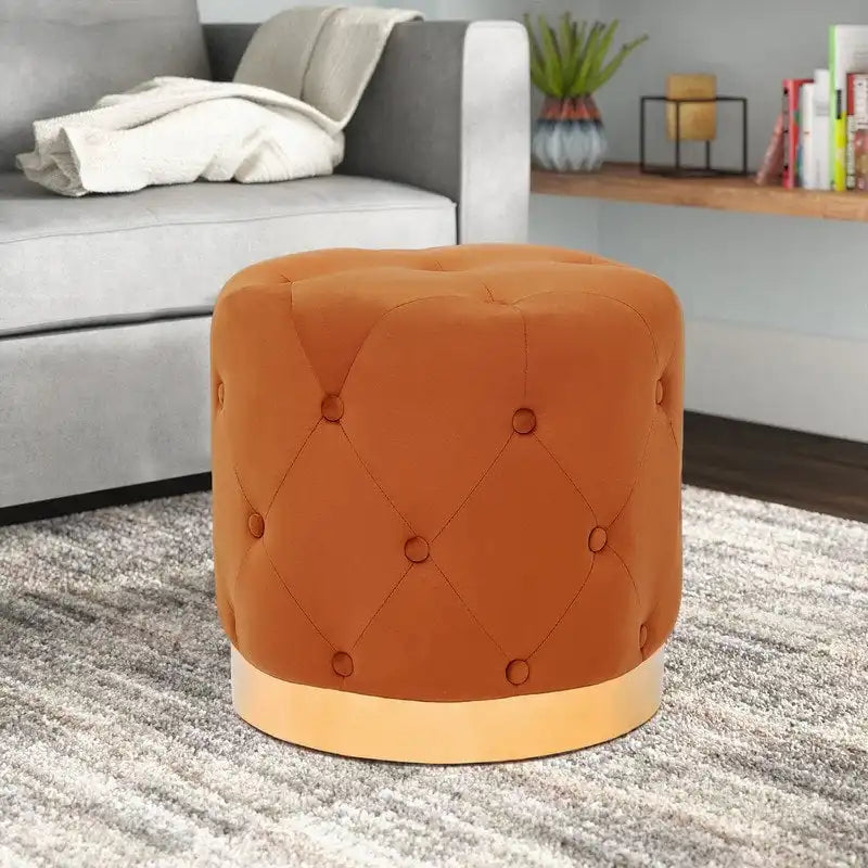 Pouf rotondo in velluto, poggiapiedi per toeletta con base placcata oro