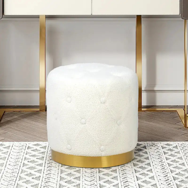 Pouf rotondo in velluto, poggiapiedi per toeletta con base placcata oro