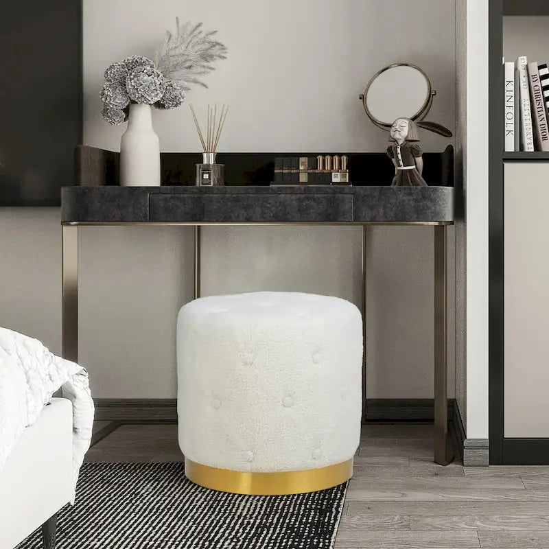 Pouf rotondo in velluto, poggiapiedi per toeletta con base placcata oro