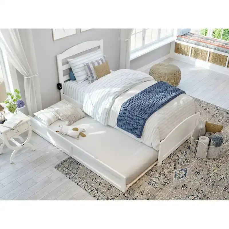 Solid Wood Platform Bed with Footboard and Twin XL Trundle