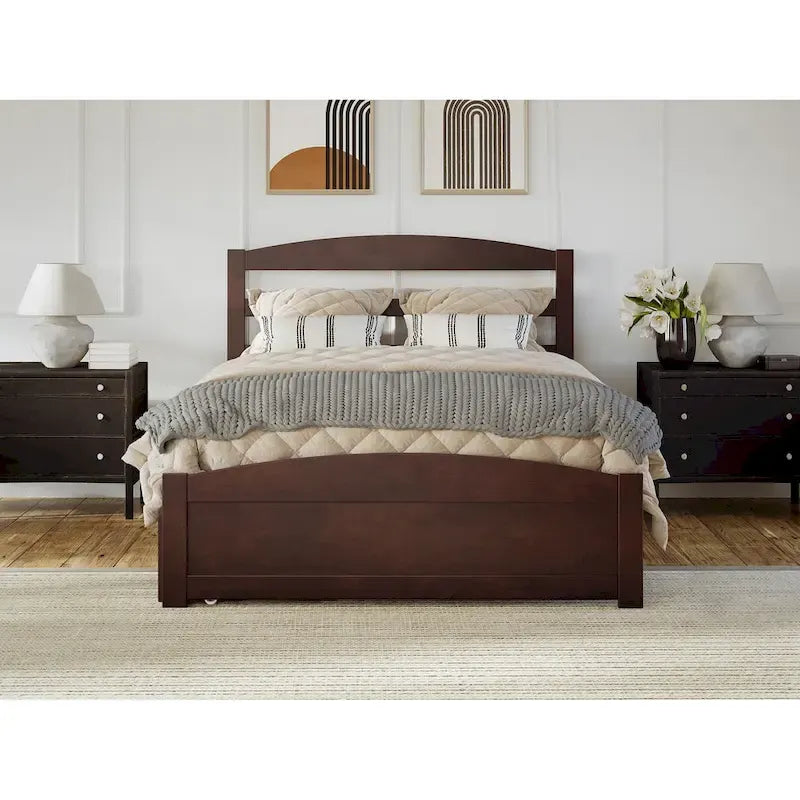 Solid Wood Platform Bed with Footboard and Twin XL Trundle
