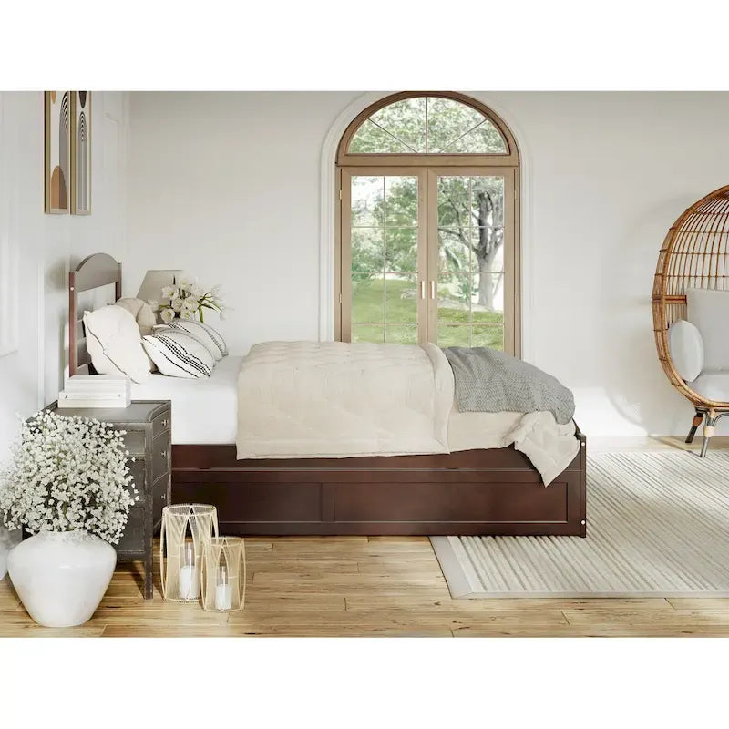 Solid Wood Platform Bed with Footboard and Twin XL Trundle