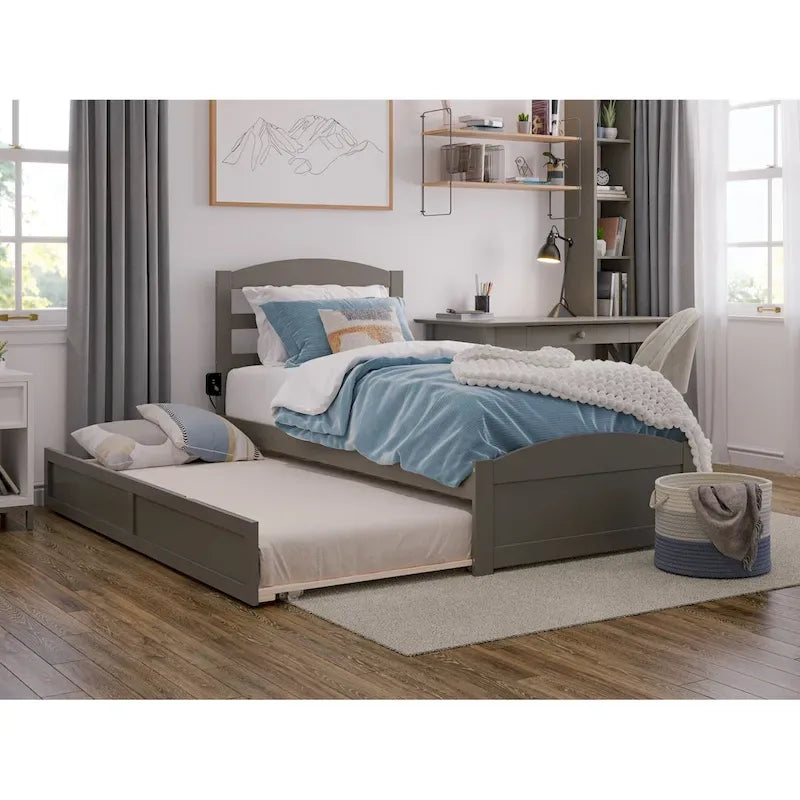 Solid Wood Platform Bed with Footboard and Twin XL Trundle
