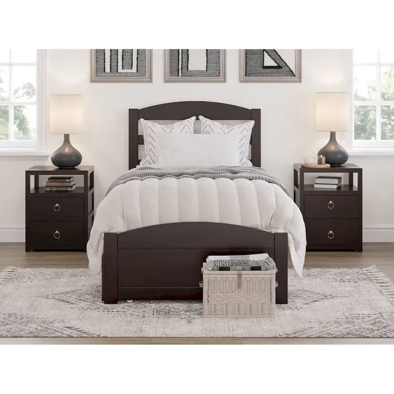 Solid Wood Platform Bed with Footboard and Twin XL Trundle