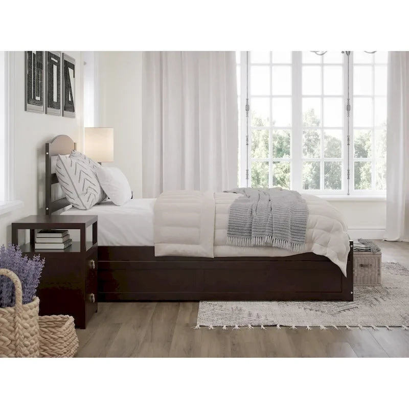 Solid Wood Platform Bed with Footboard and Twin XL Trundle