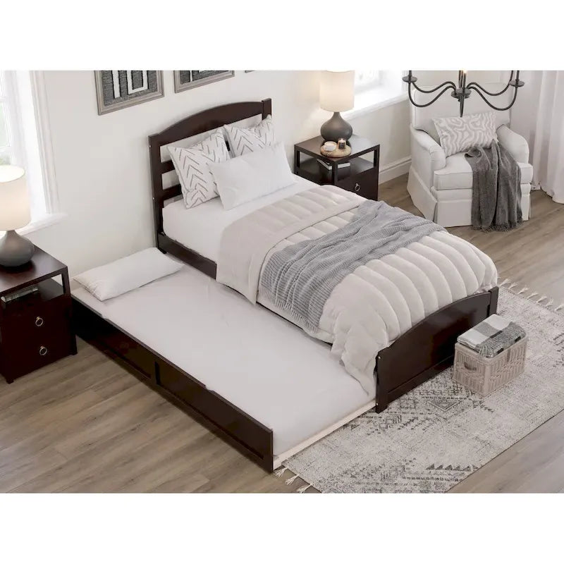 Solid Wood Platform Bed with Footboard and Twin XL Trundle