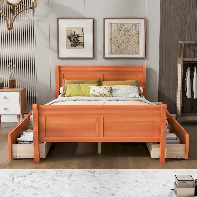 Full Size Wood Platform Bed with 4 Drawers and Streamlined Headboard