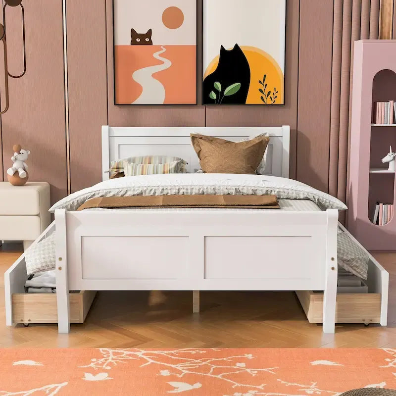 Letto a piattaforma in legno a una piazza e mezza con 4 cassetti e testiera lineare