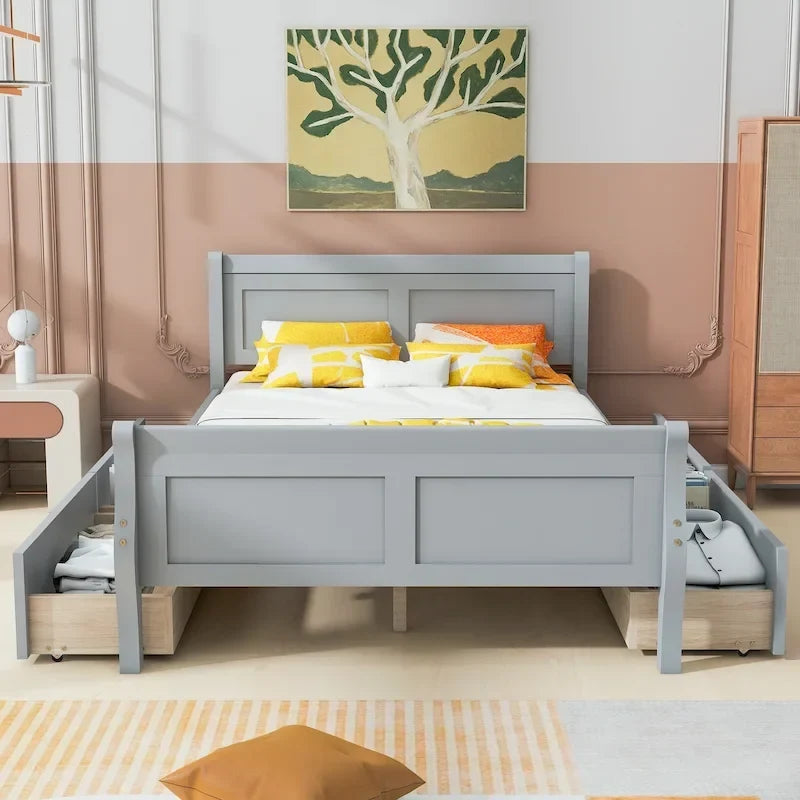 Letto a piattaforma in legno a una piazza e mezza con 4 cassetti e testiera lineare