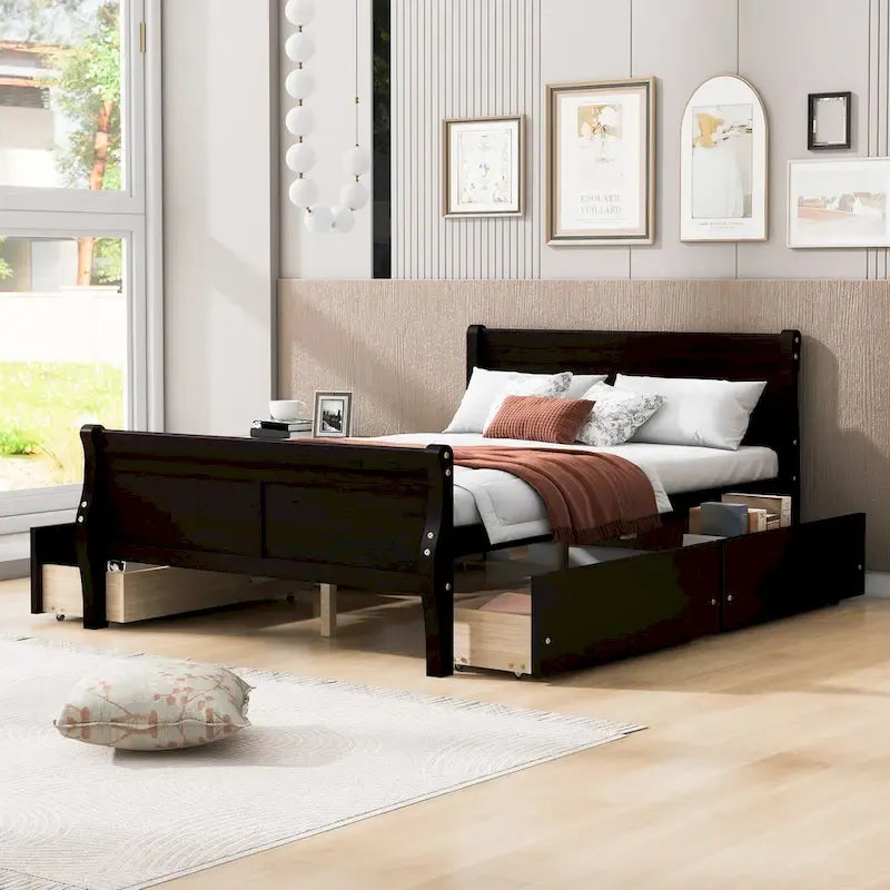 Full Size Wood Platform Bed with 4 Drawers and Streamlined Headboard