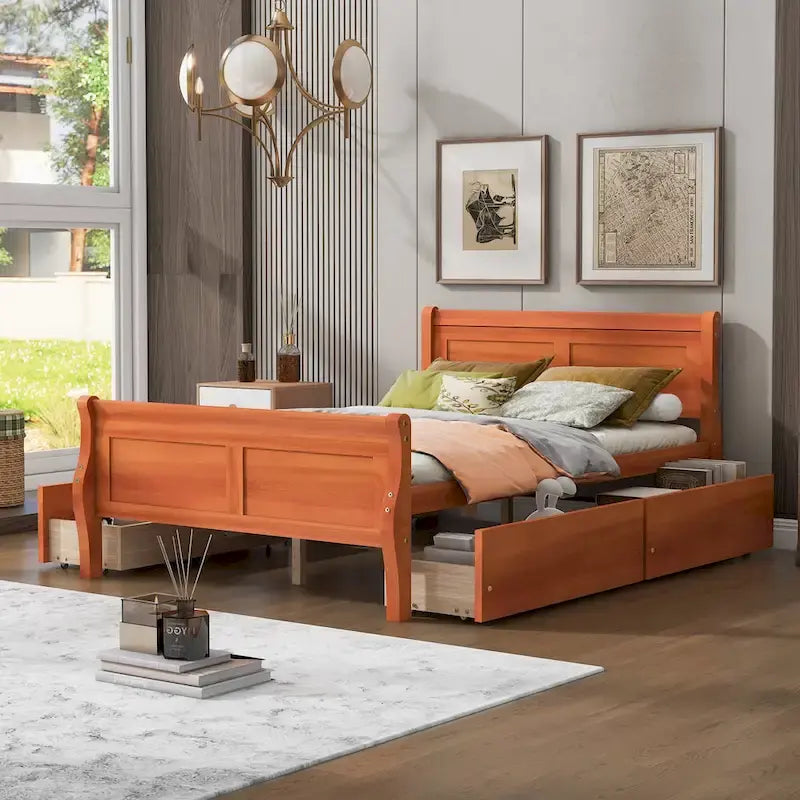 Letto a piattaforma in legno a una piazza e mezza con 4 cassetti e testiera lineare