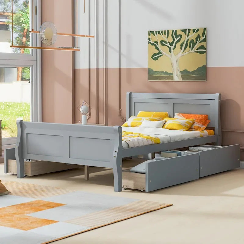 Letto a piattaforma in legno a una piazza e mezza con 4 cassetti e testiera lineare