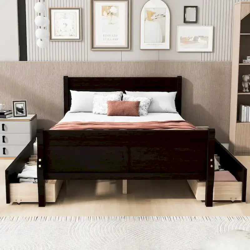 Full Size Wood Platform Bed with 4 Drawers and Streamlined Headboard