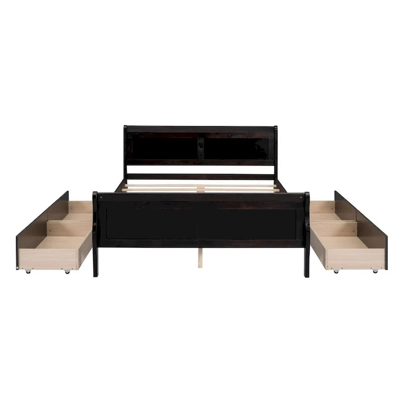 Full Size Wood Platform Bed with 4 Drawers and Streamlined Headboard