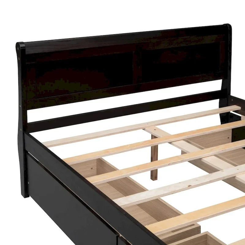 Full Size Wood Platform Bed with 4 Drawers and Streamlined Headboard