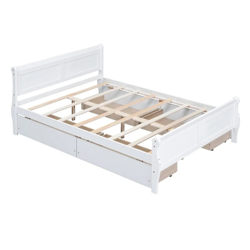 Full Size Wood Platform Bed with 4 Drawers and Streamlined Headboard