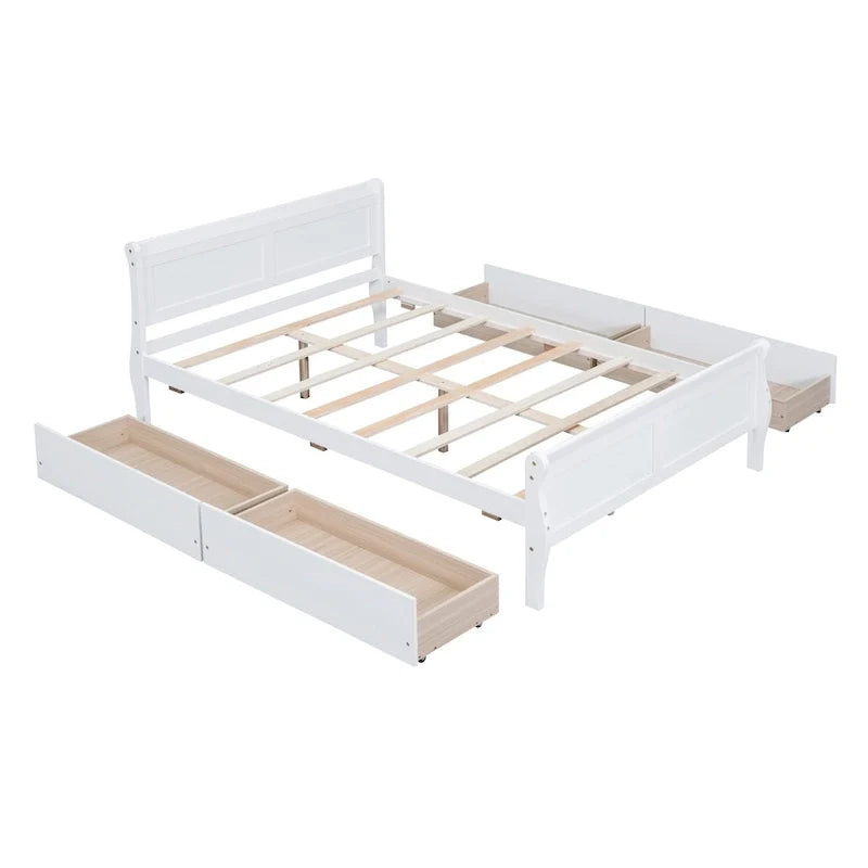 Full Size Wood Platform Bed with 4 Drawers and Streamlined Headboard