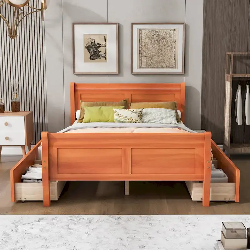 Full Size Wood Platform Bed with 4 Drawers and Streamlined Headboard