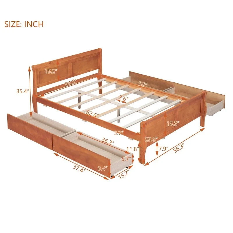 Full Size Wood Platform Bed with 4 Drawers and Streamlined Headboard