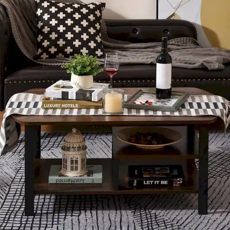 HOMCOM Vintage Industrial Coffee Table with Under-Top Storage Shelves and Rounded Corners, Dark Wood