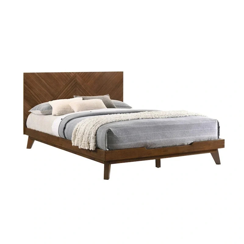 Queen Bed, Chevron Pattern Tall Headboard, Walnut Brown Solid Wood